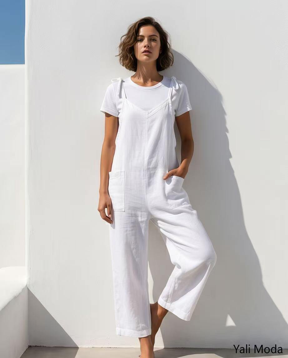 Wholesaler YALI MODA - Wide-Leg Overalls with Tie Straps and Pockets