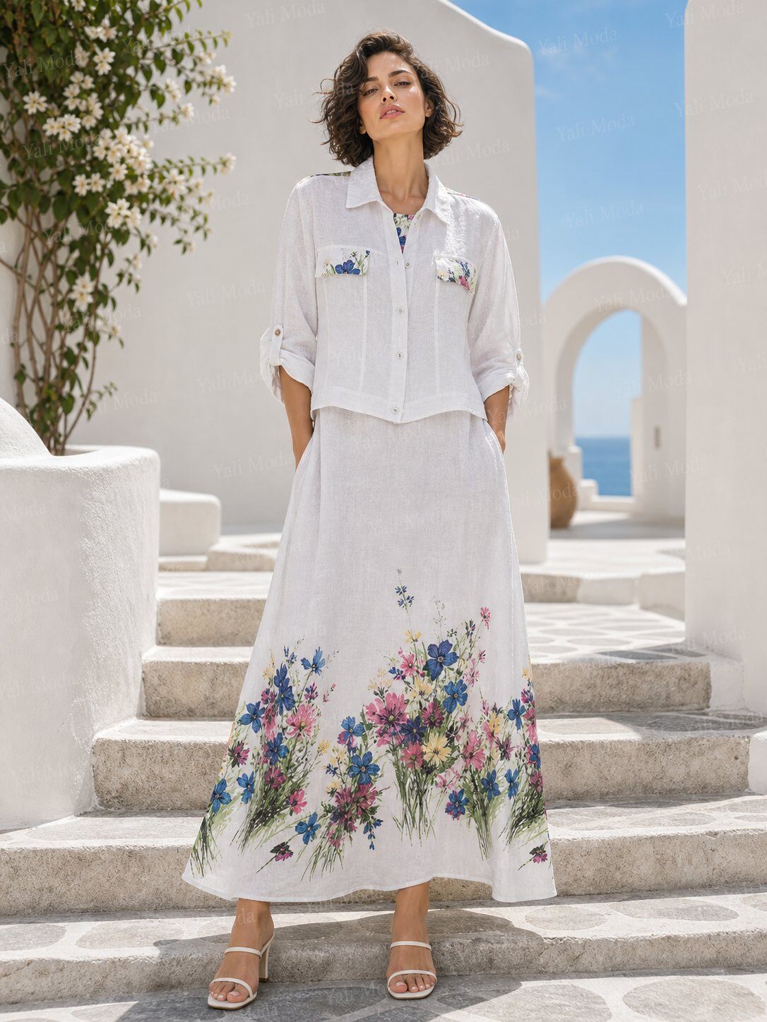 Wholesaler YALI MODA - Floral Two-Piece Linen Set