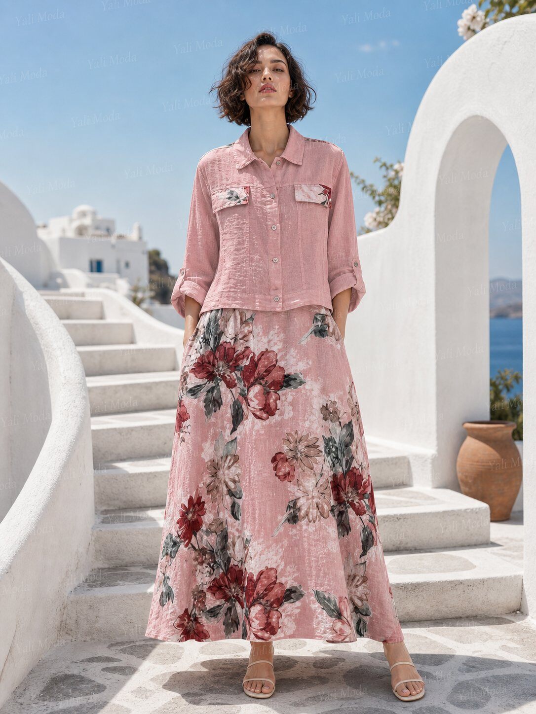 Wholesaler YALI MODA - Floral Two-Piece Linen Set