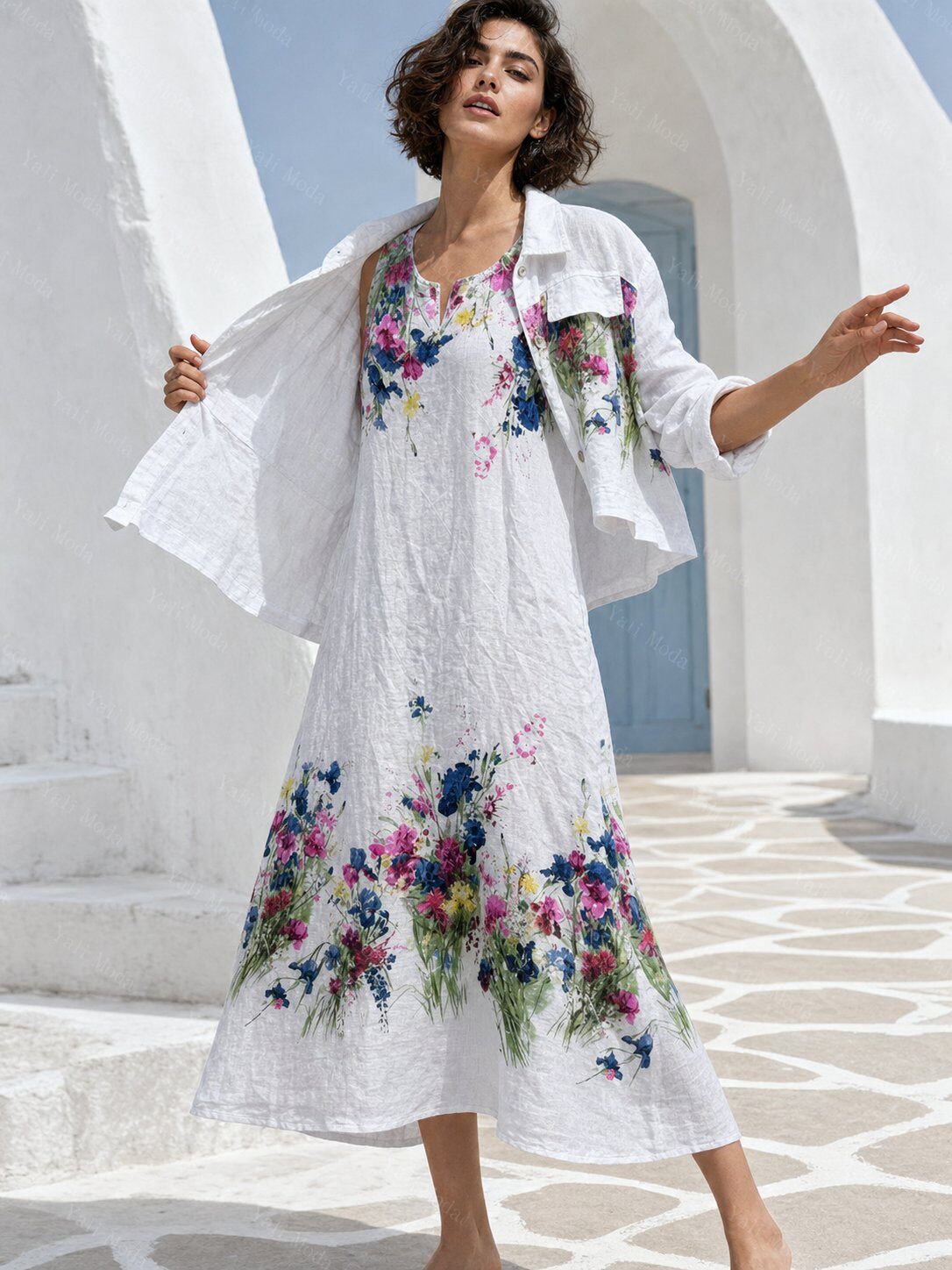 Wholesaler YALI MODA - Floral Two-Piece Linen Set