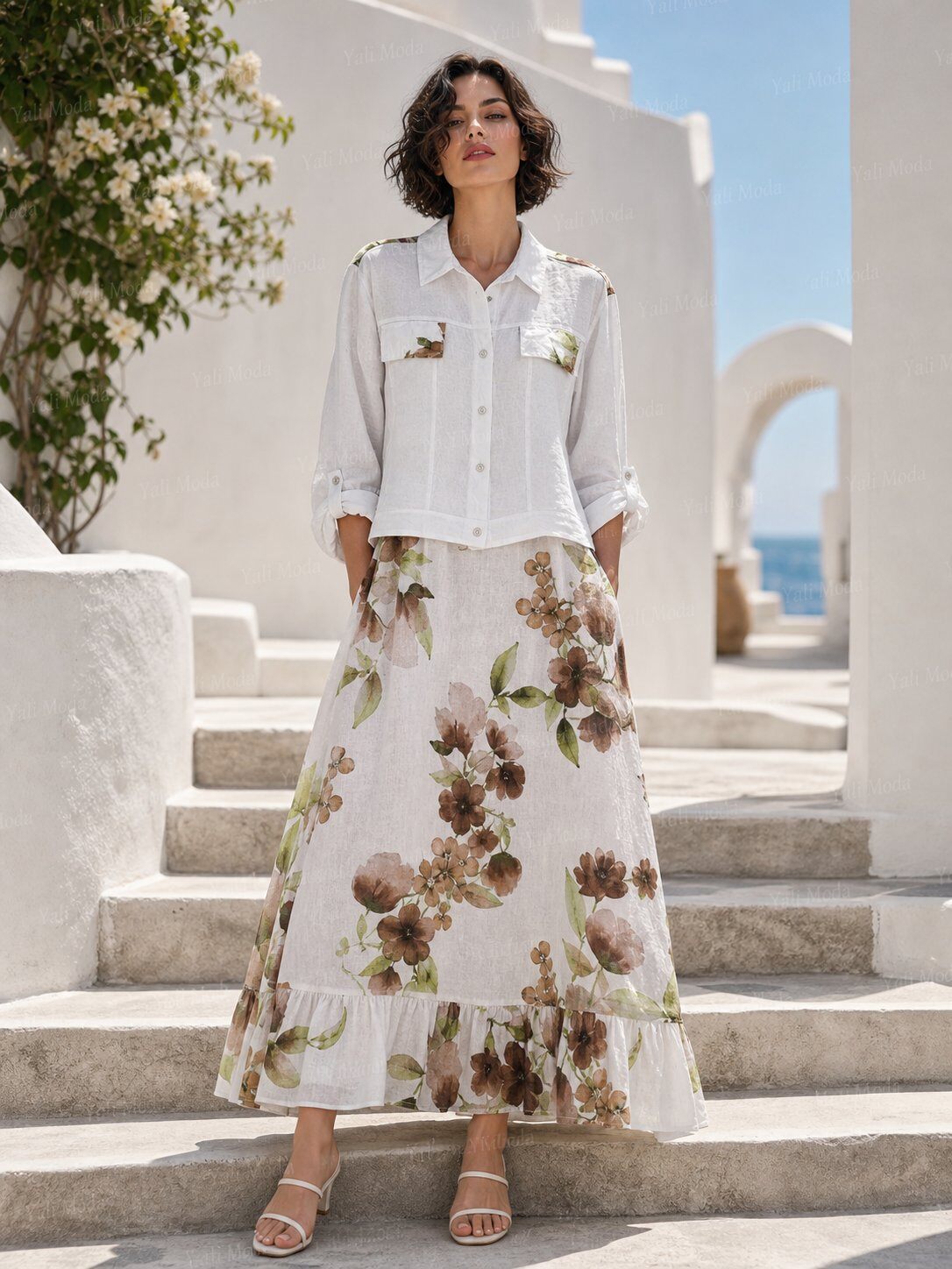 Wholesaler YALI MODA - Floral Two-Piece Linen Set