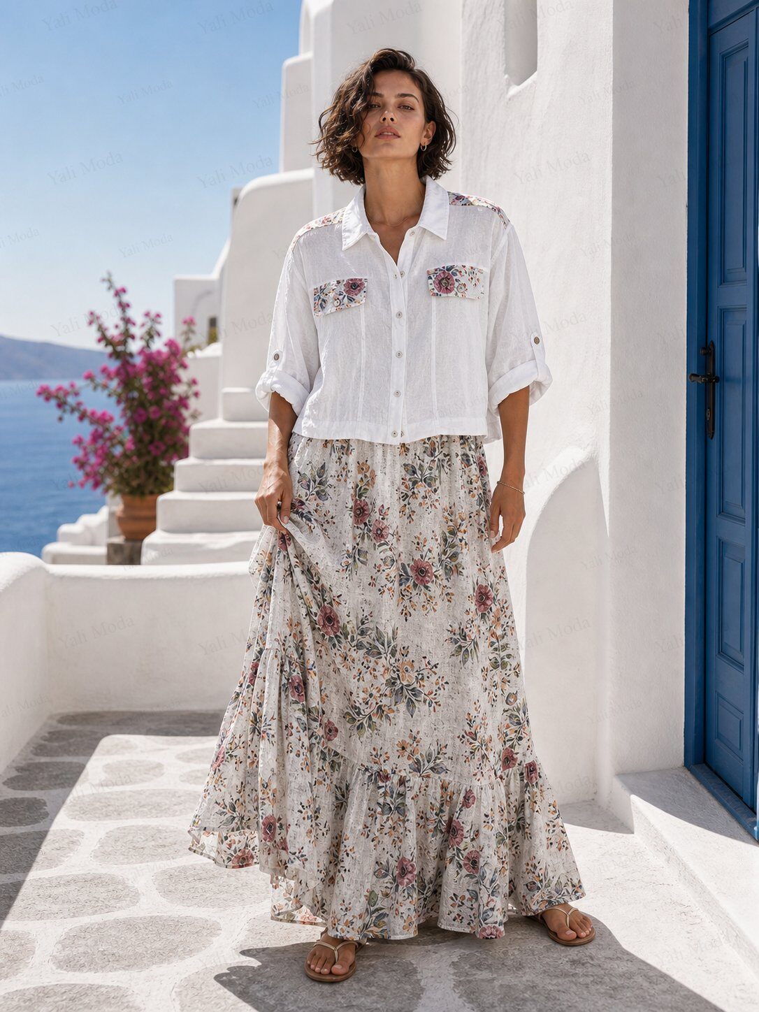 Wholesaler YALI MODA - Floral Two-Piece Linen Set