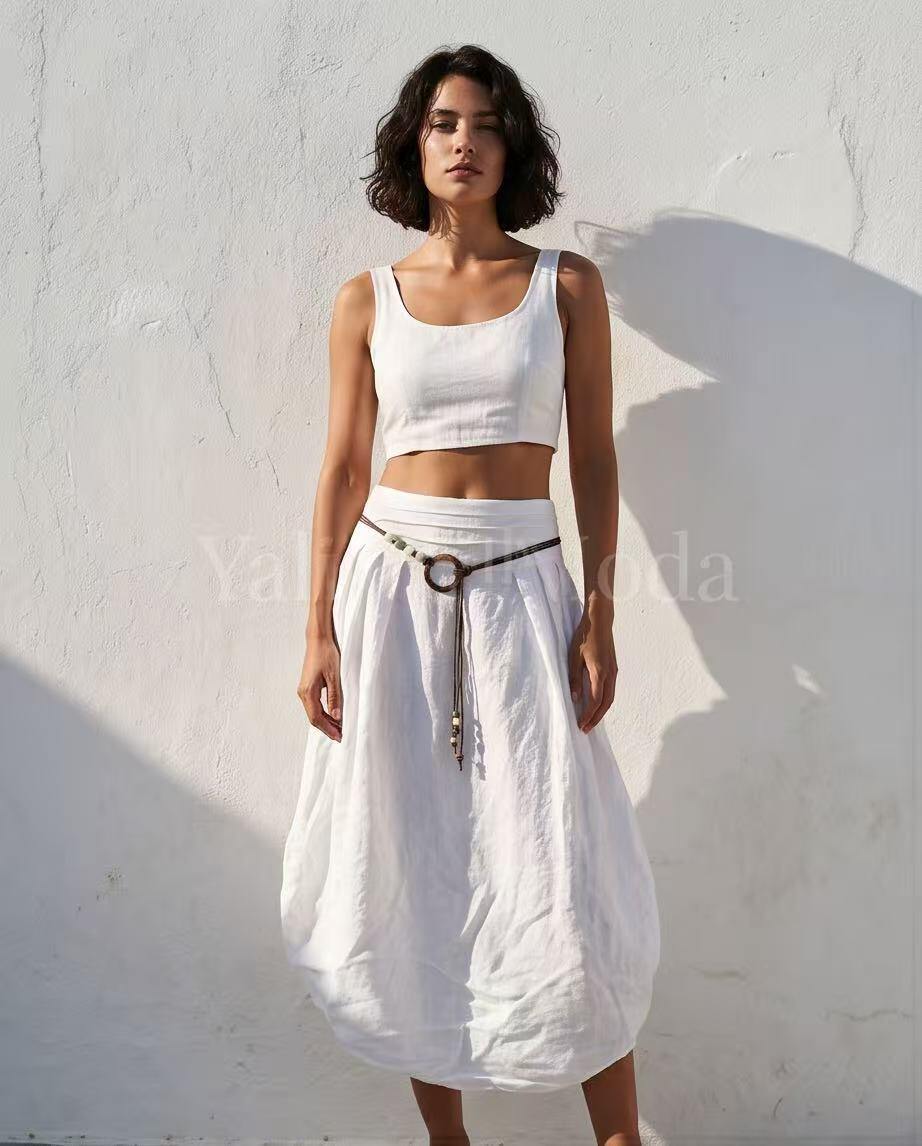 Wholesaler YALI MODA - Balloon Skirt in Linen with Decorative Belt