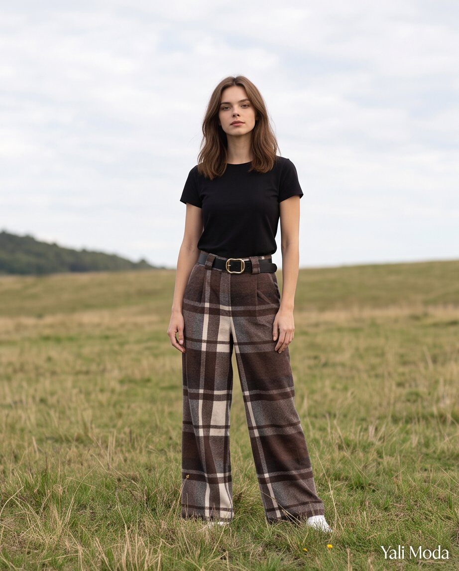 Mayorista YALI MODA - Pantalón Palazzo a Cuadros con Cinturón
