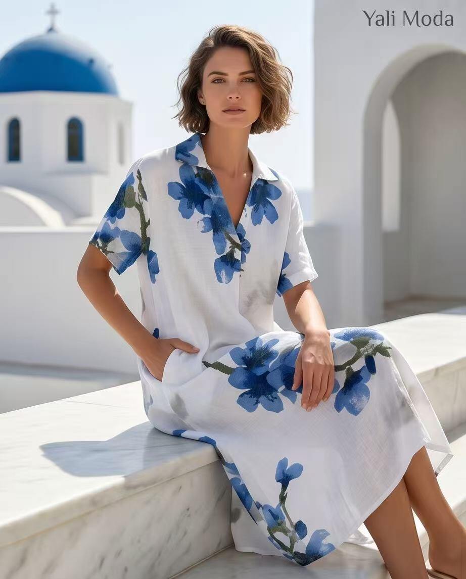 Wholesaler YALI MODA - Linen tunic with blue floral print and soft collar