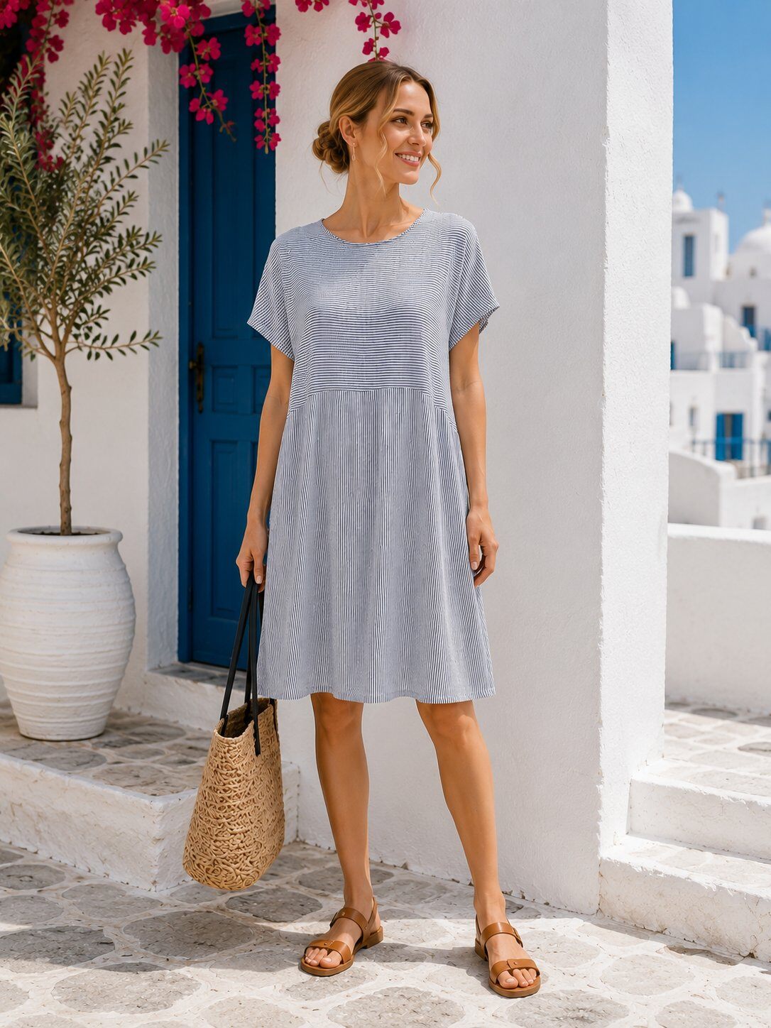 Wholesaler YALI MODA - Fine Stripe Dress in Viscose with Soft Silhouette