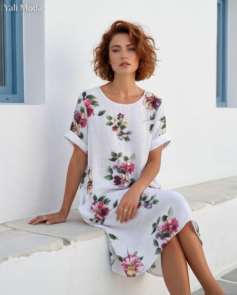 Wholesaler YALI MODA - Oversized Linen Dress with Vintage Floral Print