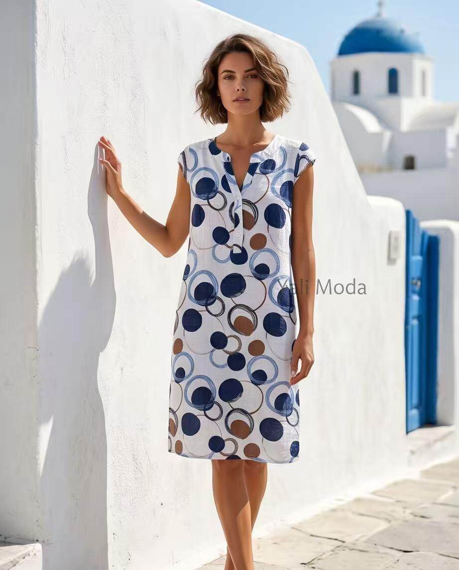 Wholesaler YALI MODA - Linen Dress with Abstract Circle Pattern