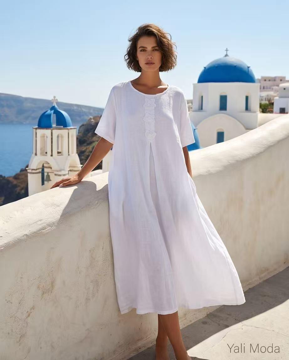Wholesaler YALI MODA - Long Dress in Pure Linen with Floral Appliqués