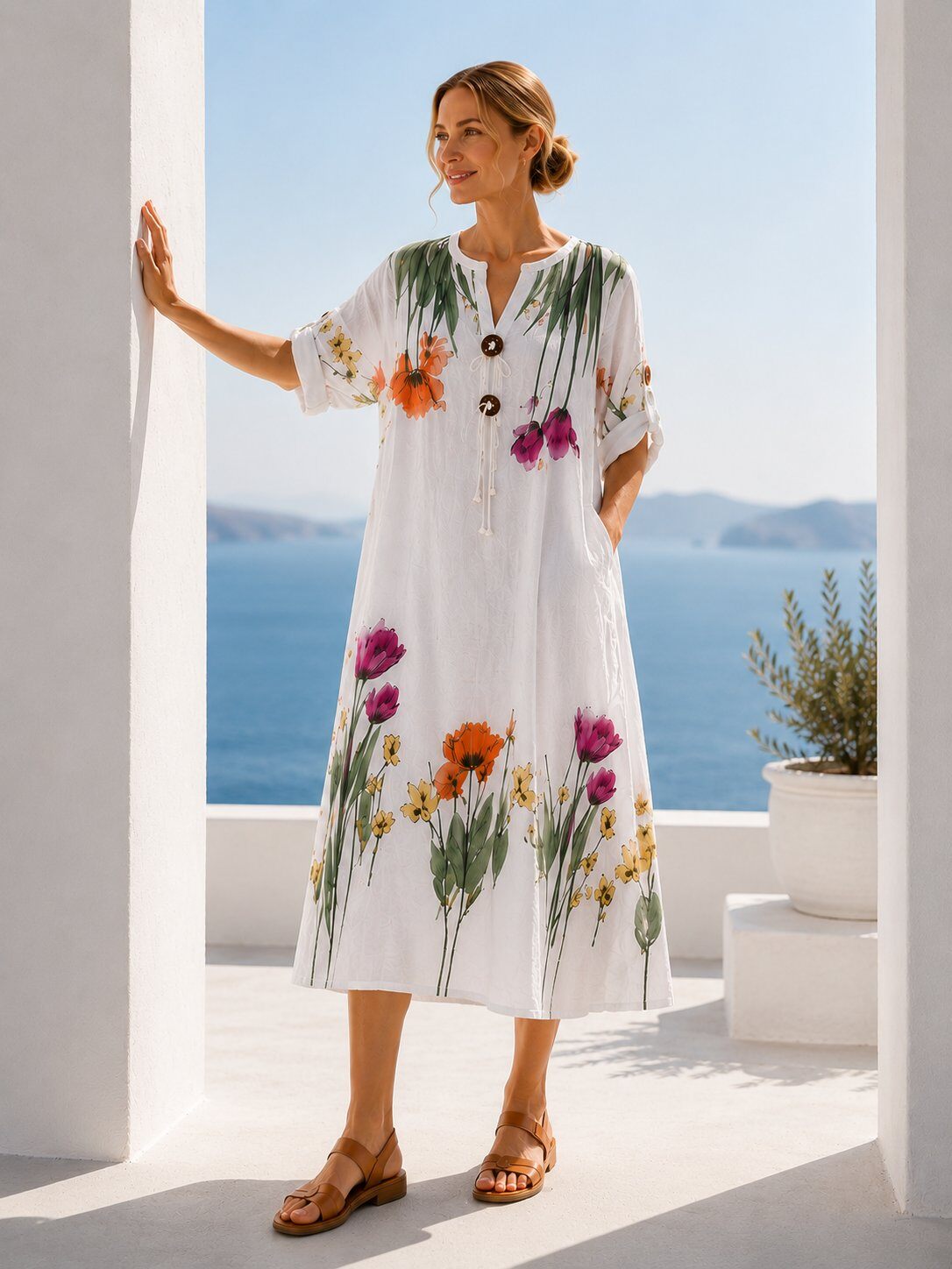 Wholesaler YALI MODA - Oversized Linen Dress with Watercolor Tulip Print