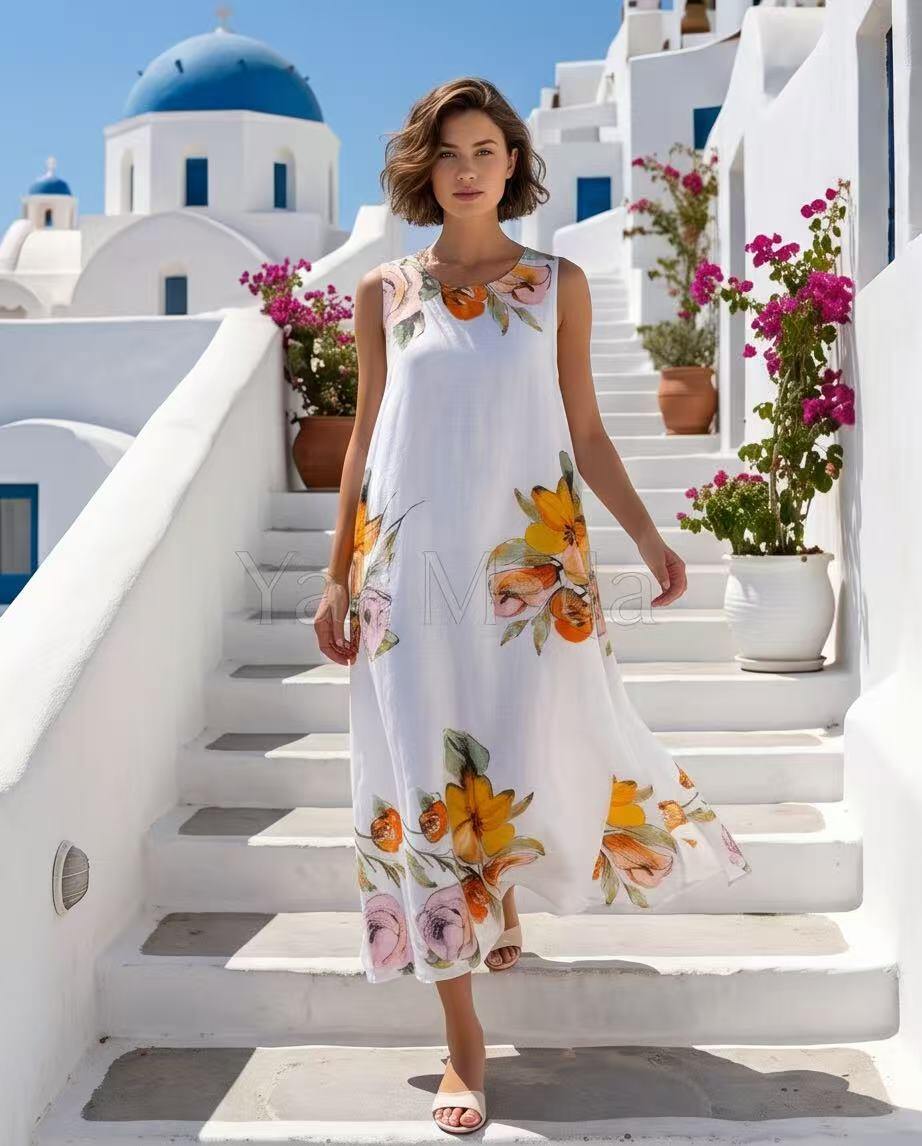 Wholesaler YALI MODA - Long Linen Dress with Floral Print
