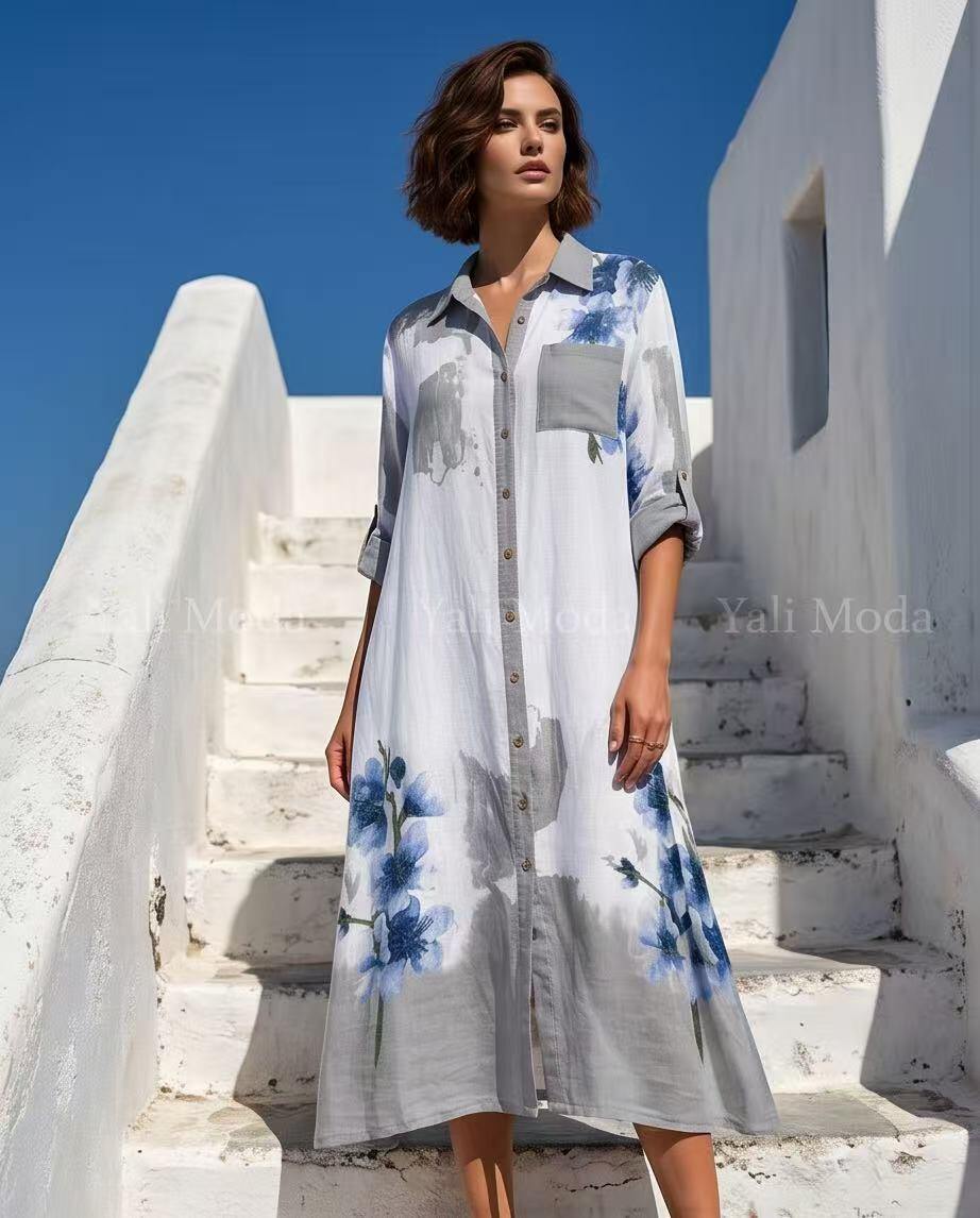 Wholesaler YALI MODA - Blue Floral Print Linen Shirt Dress