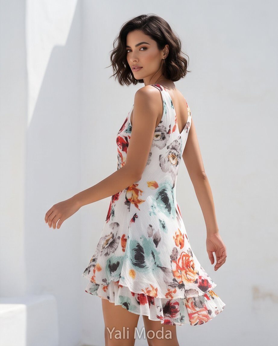 Grossista YALI MODA - Abito smanicato con stampa floreale e doppia balza