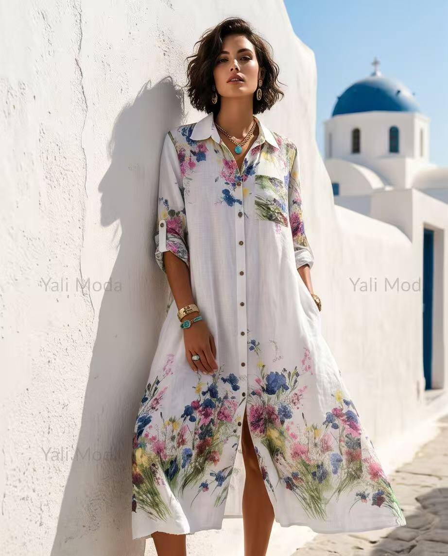 Wholesaler YALI MODA - Linen Shirt Dress with Watercolor Floral Print