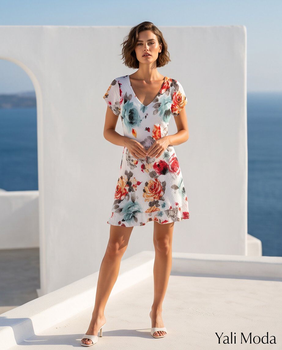 Grossista YALI MODA - Abito Floreale con Scollo a V e Fondo Asimmetrico a Balze