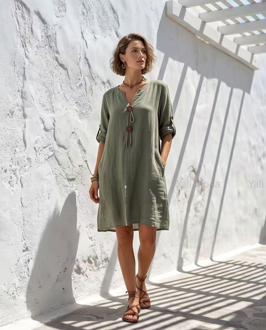 Wholesaler YALI MODA - Oversized Pure Linen Dress with Decorative Ties