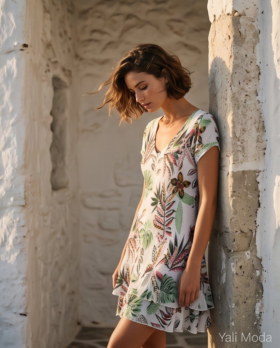 Grossista YALI MODA - Abito con Stampa Tropicale e Fondo a Balze
