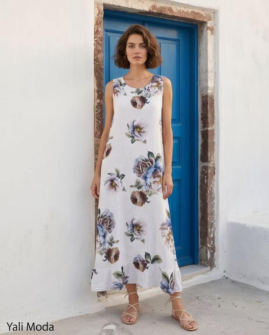 Großhändler YALI MODA - Langes Leinenkleid mit Romantischem Blumenmuster