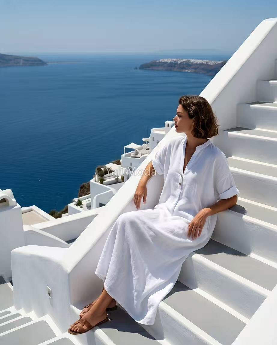 Wholesaler YALI MODA - Oversized Linen Dress with V-Neck and Decorative Buttons