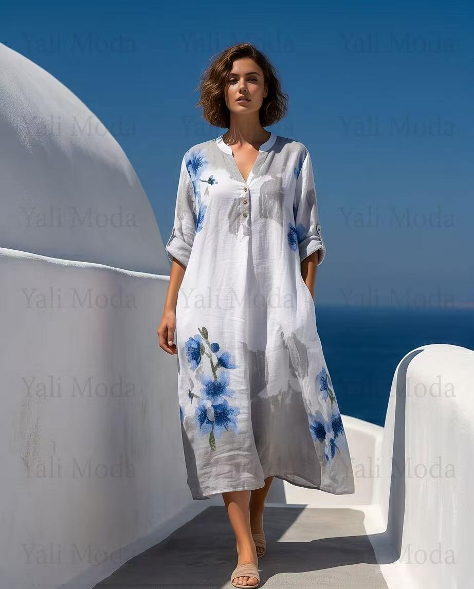 Wholesaler YALI MODA - Watercolor Blue Floral Print Linen Dress
