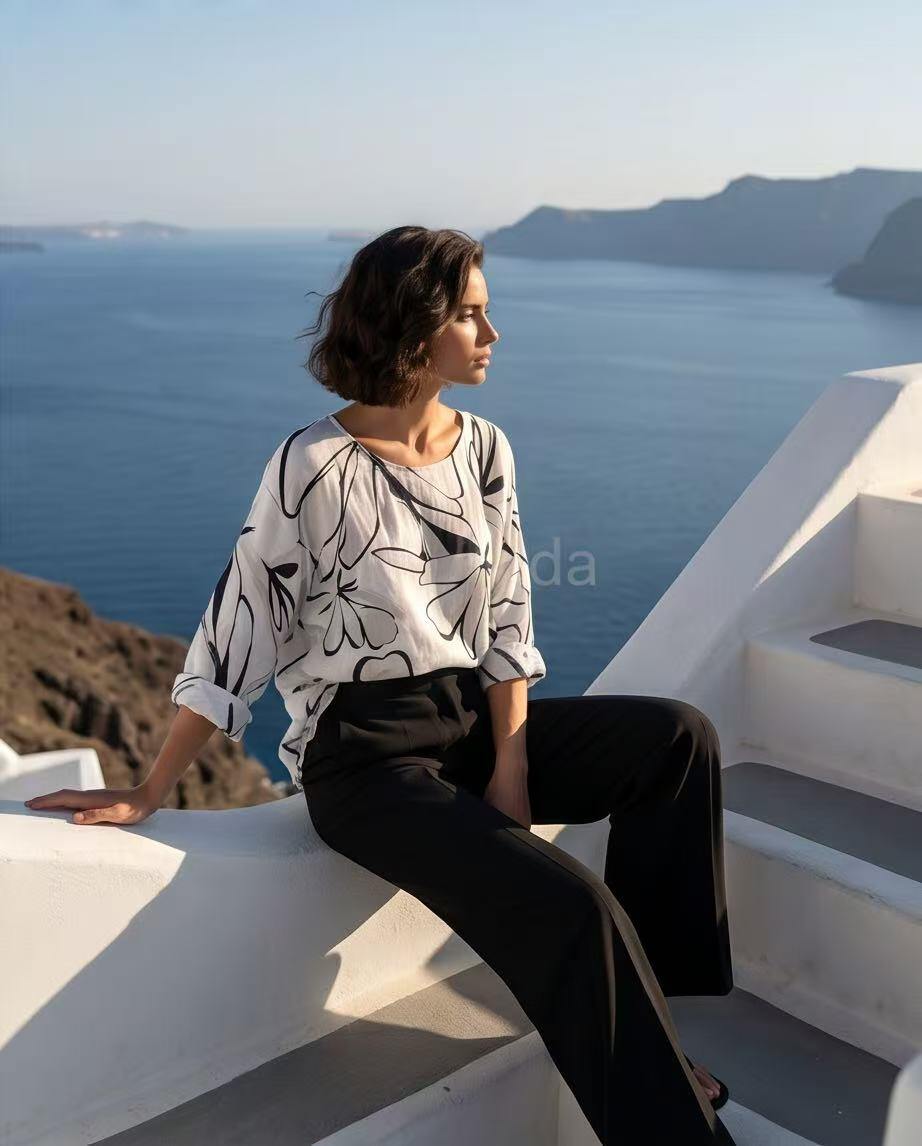 Wholesaler YALI MODA - Loose Linen Sweater with Abstract Floral Print