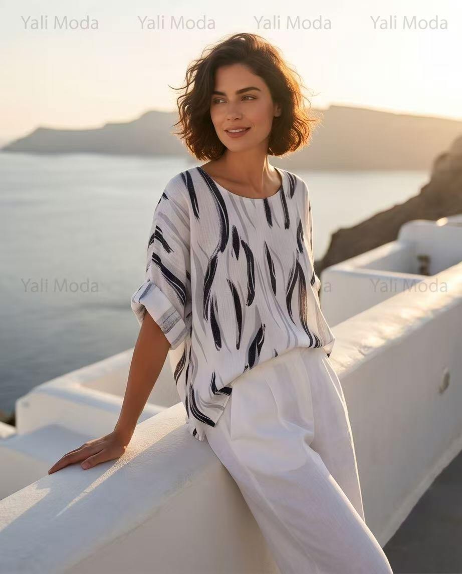 Mayorista YALI MODA - Jersey Oversize Estampado de Hojas Azul