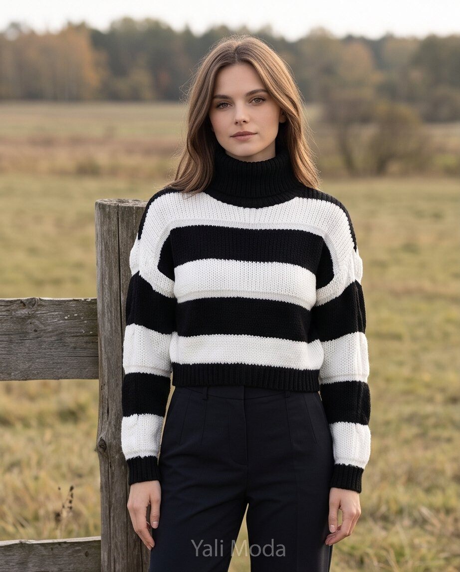 Grossiste YALI MODA - Pull à manches courtes rayé avec col montant