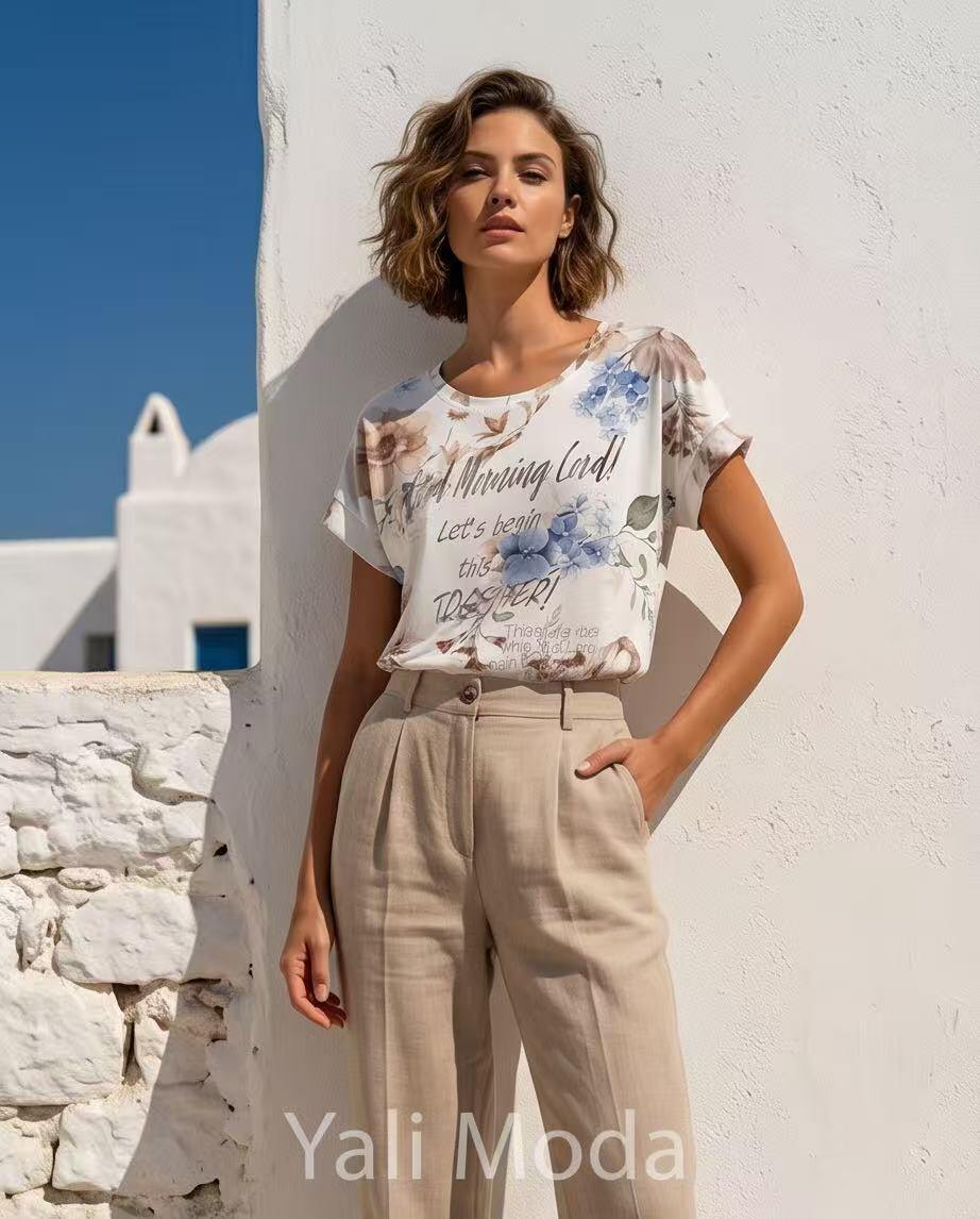 Wholesaler YALI MODA - Watercolor Floral T-Shirt with Drawstring