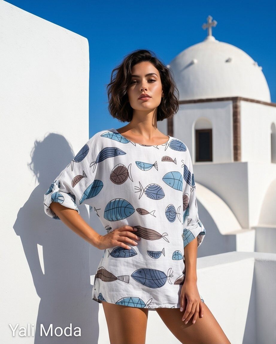 Wholesaler YALI MODA - Linen blouse with stylized fish print and adjustable sleeves