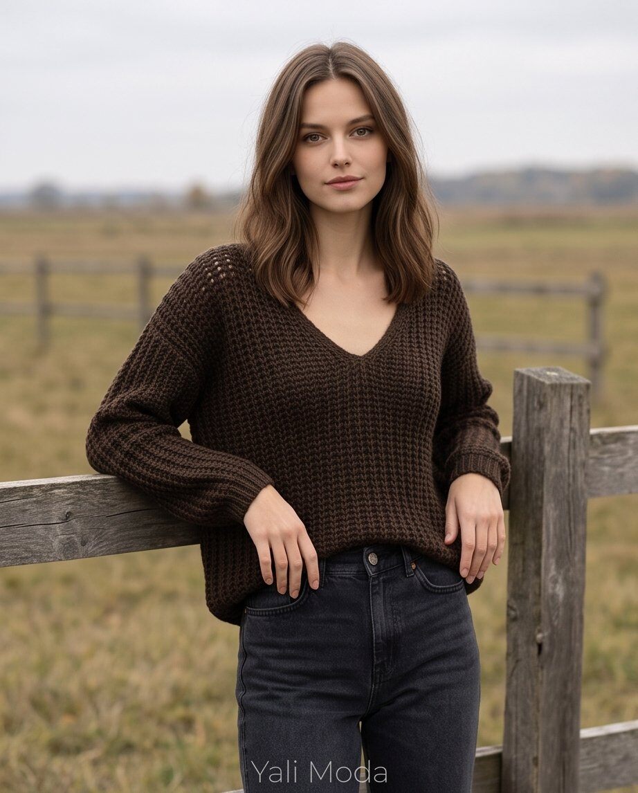 Grossiste YALI MODA - Pull Oversize Ajourné avec Col en V