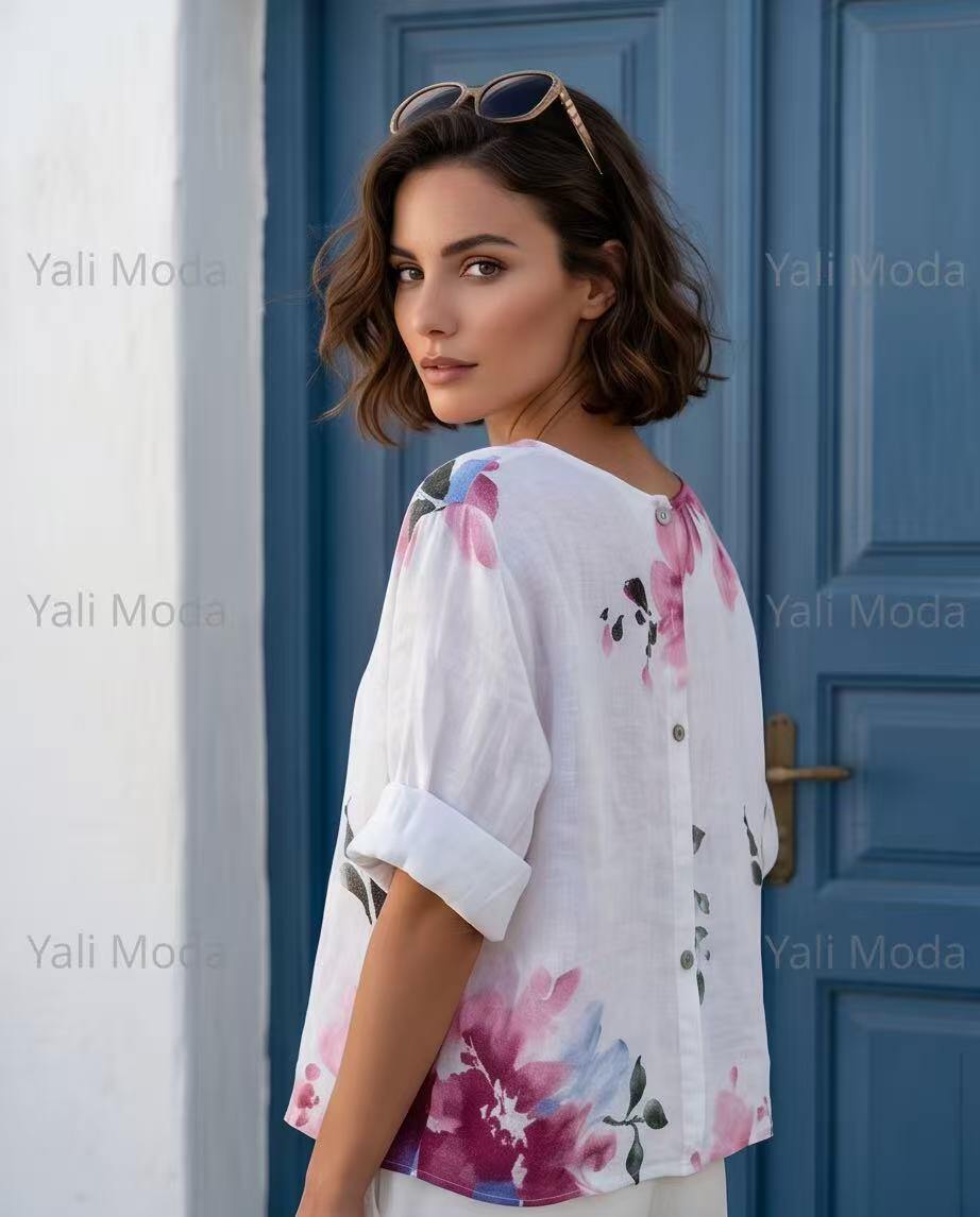Wholesaler YALI MODA - Floral Linen Blouse with Buttons
