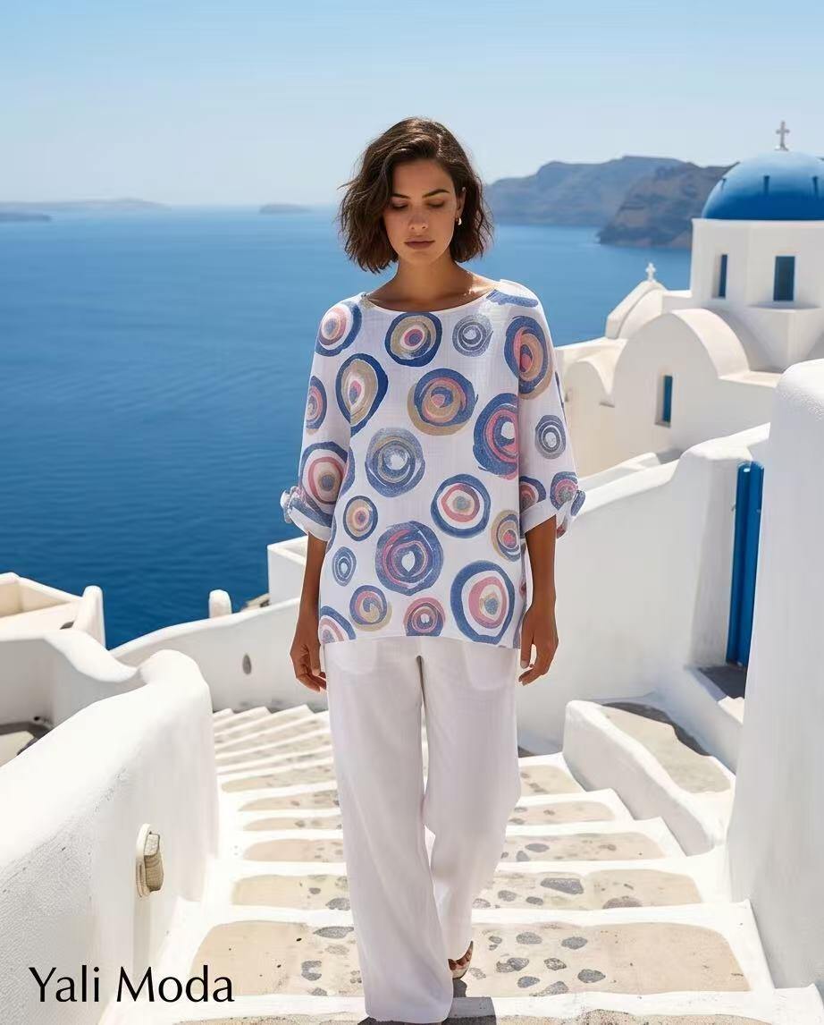 Wholesaler YALI MODA - Pure linen sweater with multicolor artistic circle print