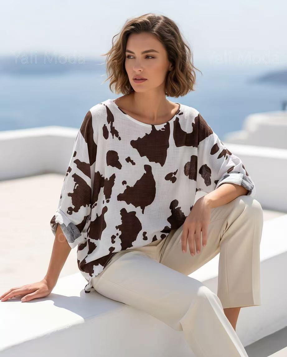 Wholesaler YALI MODA - Oversized Linen Sweater with Cow Print