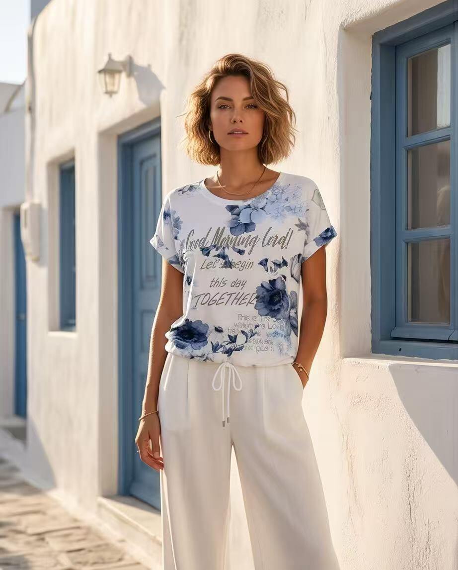 Wholesaler YALI MODA - Blue Floral T-Shirt with Drawstring