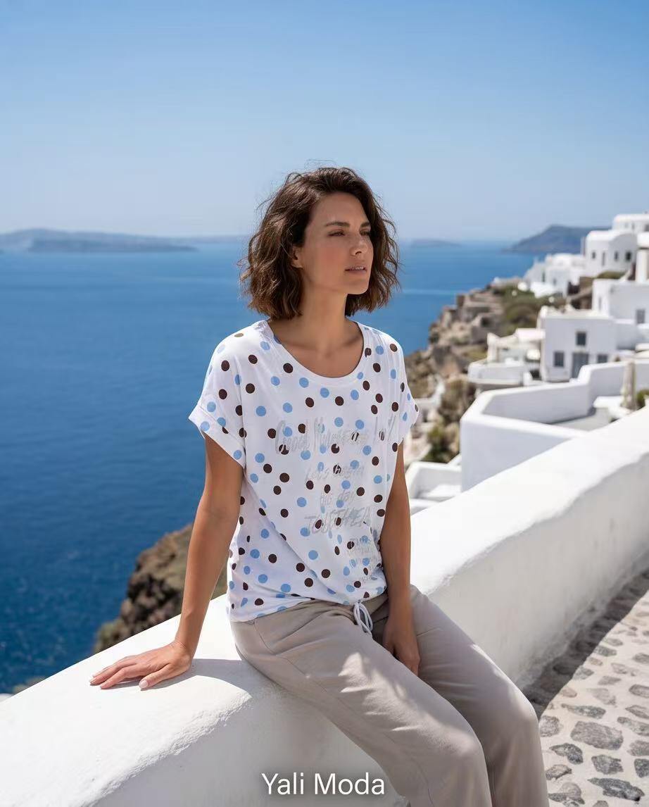 Wholesaler YALI MODA - Polka Dot T-Shirt with Adjustable Drawstring