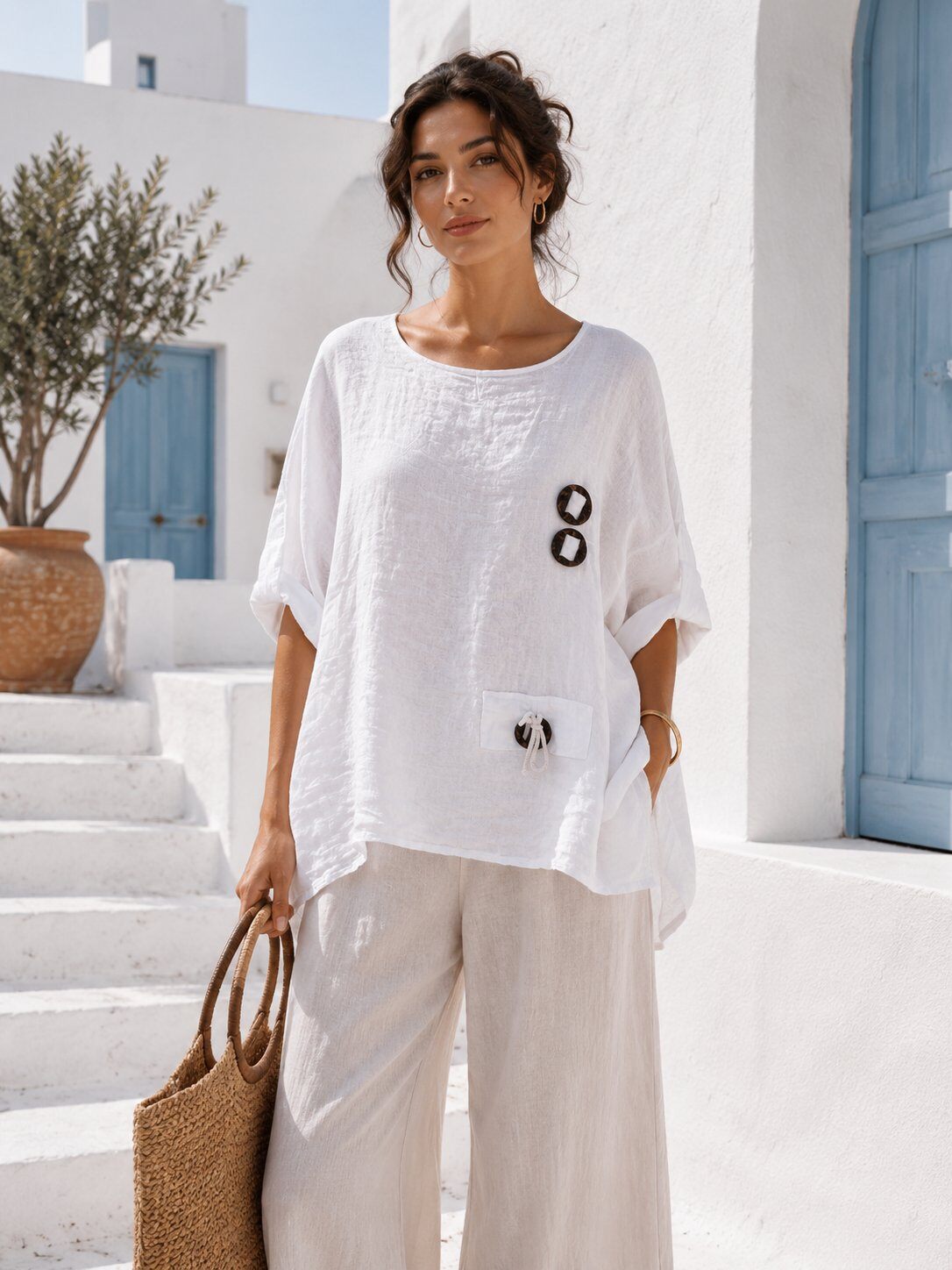 Großhändler YALI MODA - Oversize-Bluse aus Reinem Leinen mit Dekorativen Details und Aufgesetzter Tasche