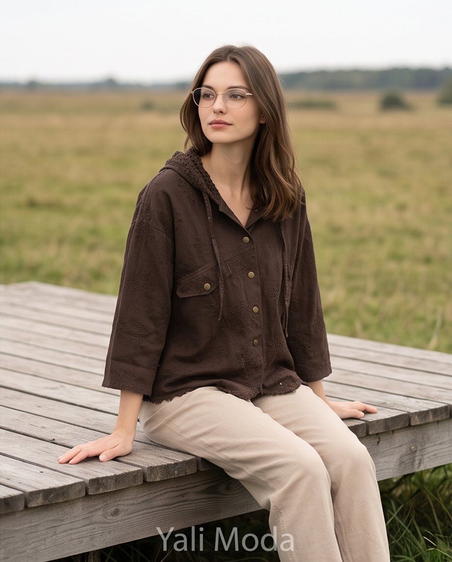 Wholesaler YALI MODA - Oversized Embroidered Cotton Shirt Jacket with Hood