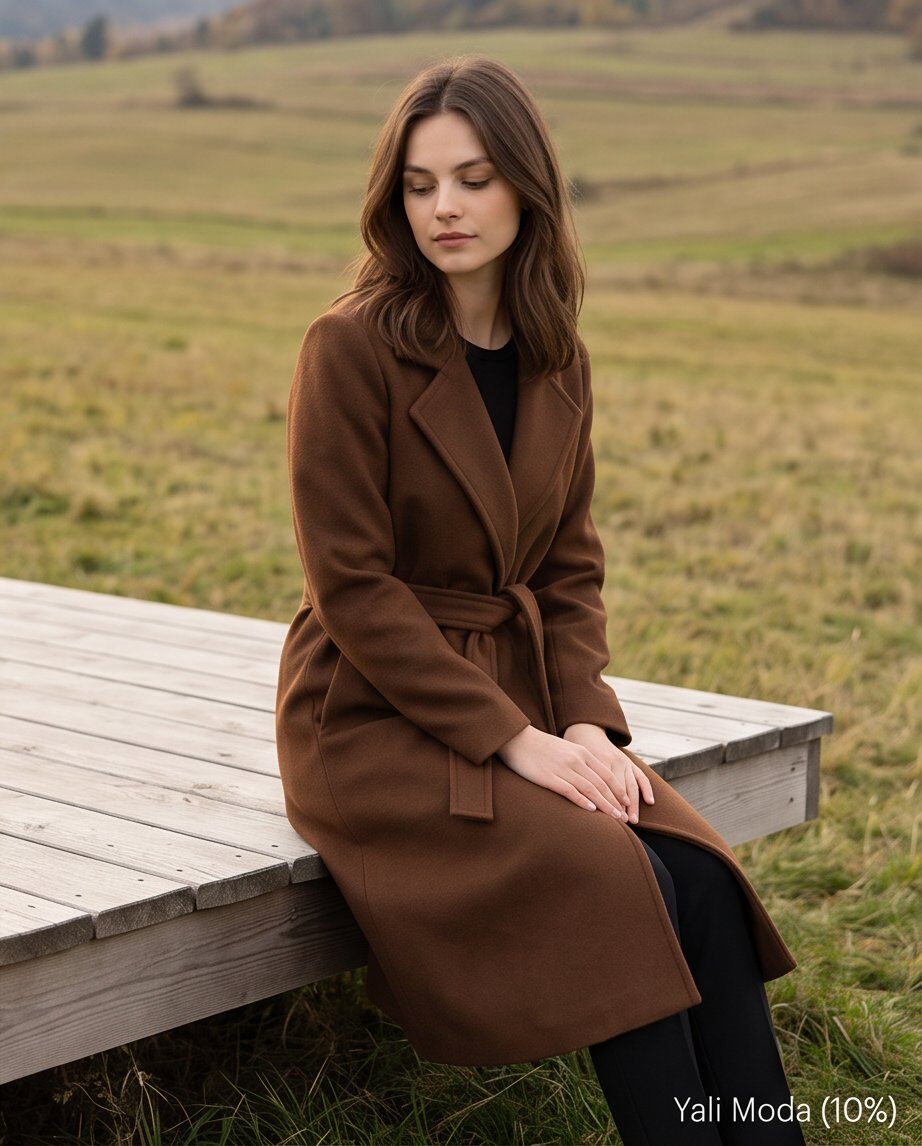 Wholesaler YALI MODA - Long Coat with Belt and Notched Collar
