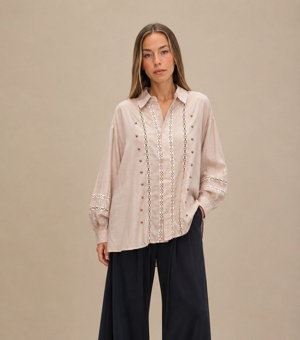 Wholesaler Yitaly Style - Oversized Boho Style Shirt with Embroidery and Studs