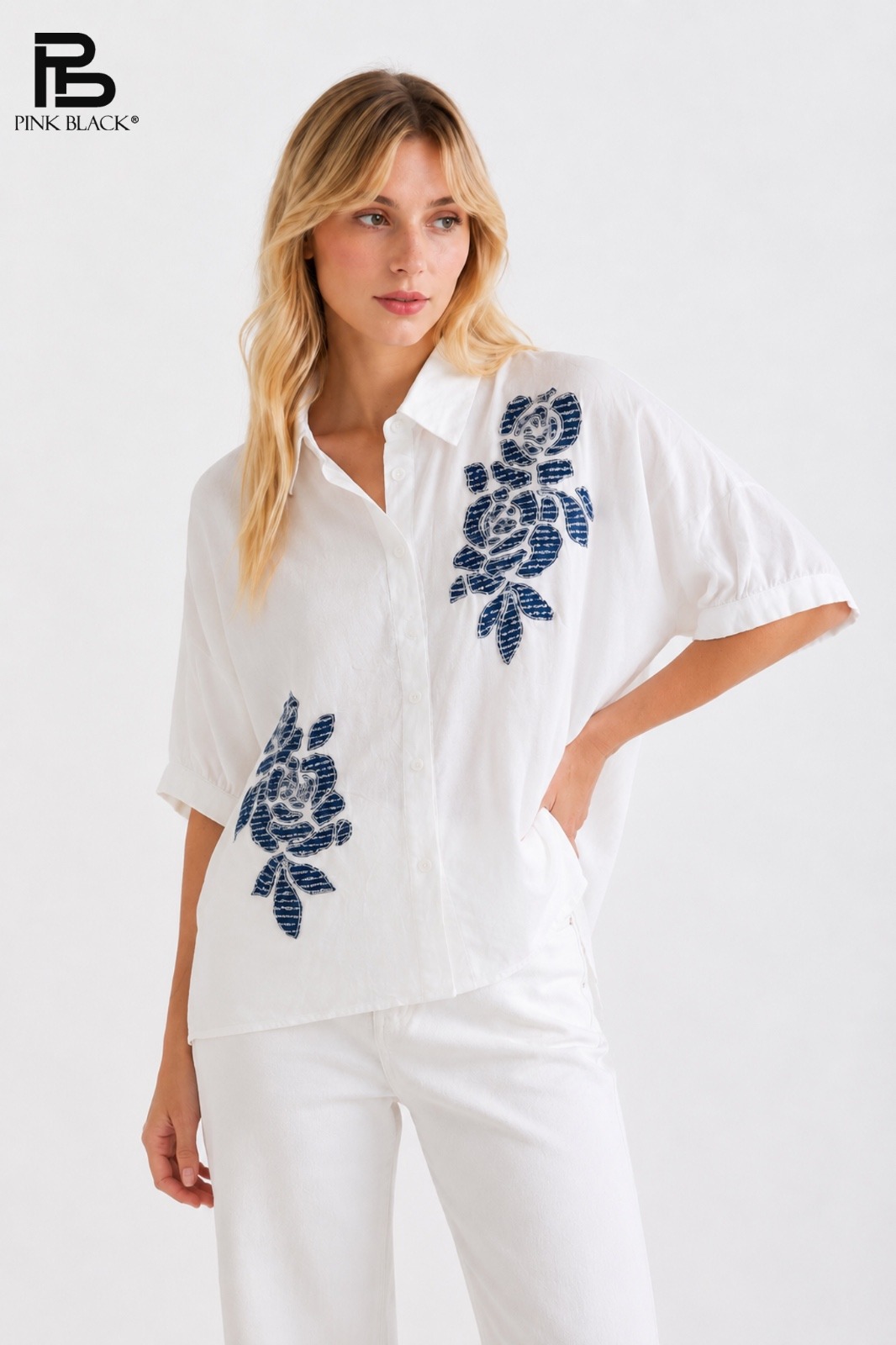 Grossista Yitaly Style - Camicia Over in Cotone con Ricami Floreali Blu