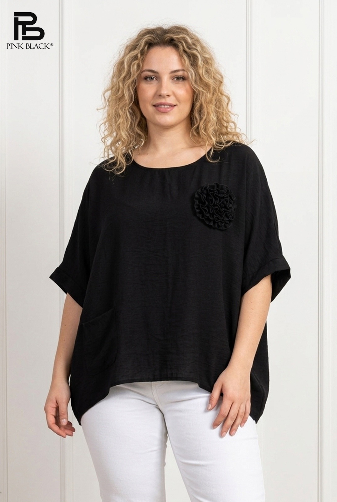 Mayorista Yitaly Style - CAMISA DE CREPÉ CON MAXI FLOR LÍNEA TALLA GRANDE