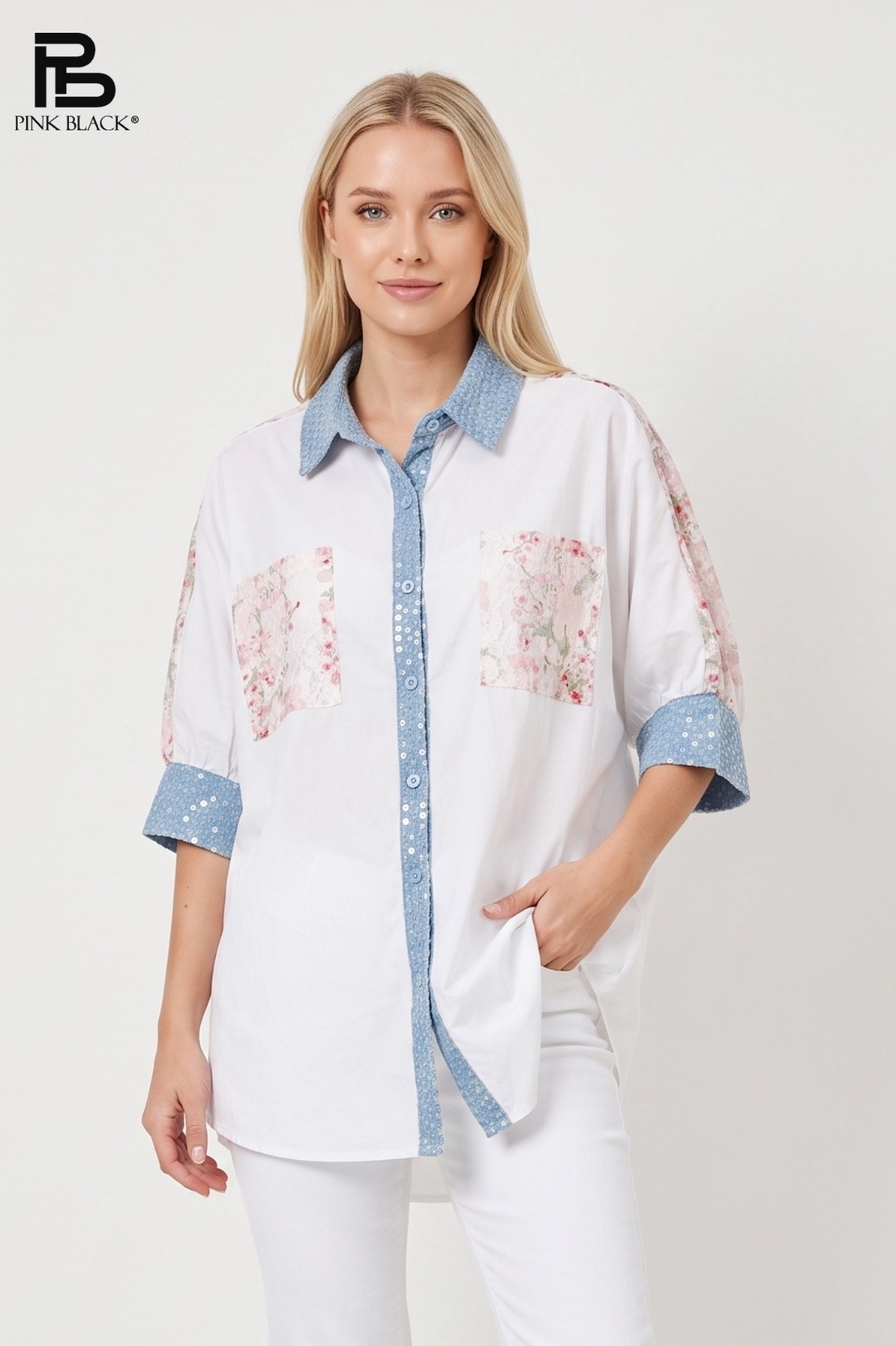 Grossista Yitaly Style - Camicia over con dettagli patchwork floral & denim