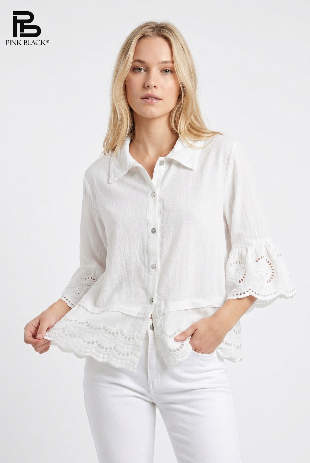 Mayorista Yitaly Style - CAMISA DE ALGODÓN CON DETALLES DE ENCAJE BORDADO