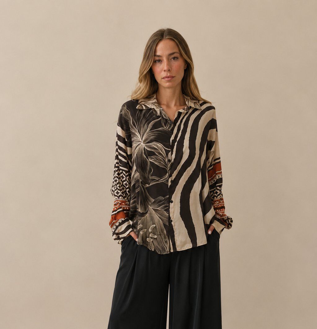 Wholesaler Yitaly Style - Oversized Graphic & Floral Patchwork Shirt
