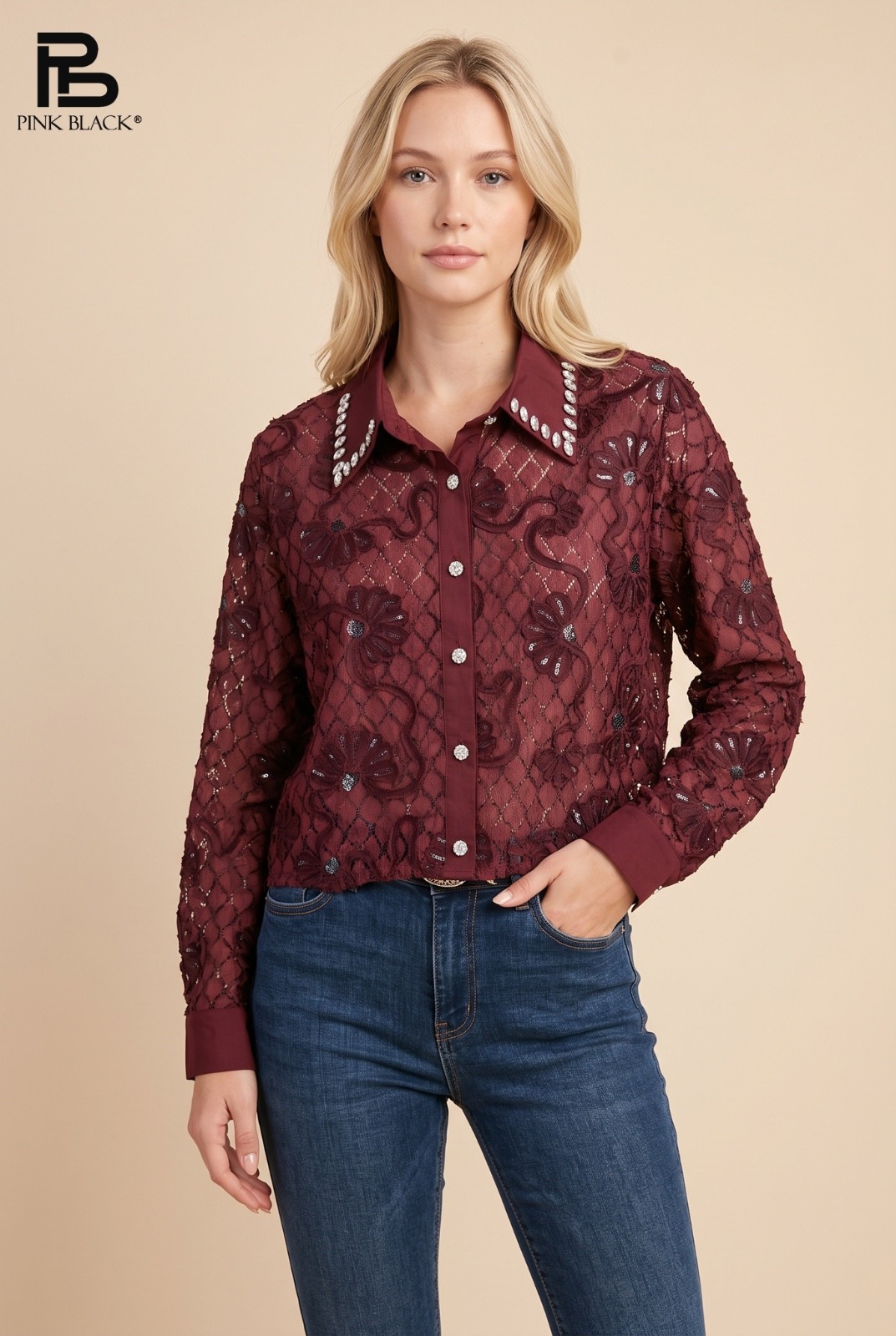 Grossista Yitaly Style - CAMICIA IN PIZZO CON APPLICAZIONI GIOIELLO