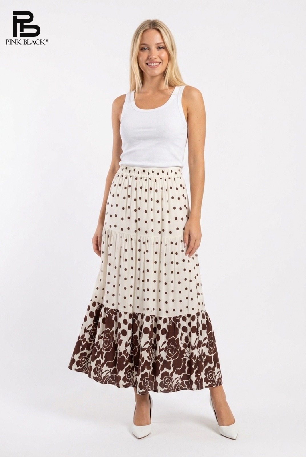 Wholesaler Yitaly Style - LONG COTTON TIERED SKIRT WITH POLKA DOT PATTERN