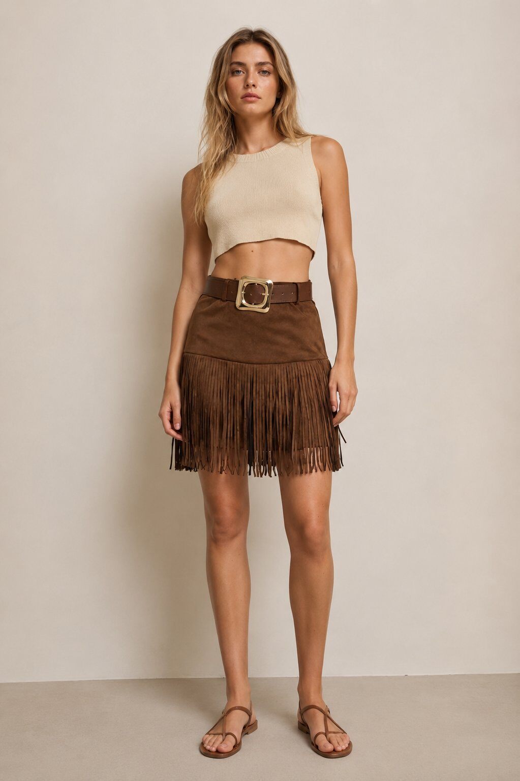 Grossiste Yitaly Style - MINI-JUPE EN DAIM AVEC FRANGES ET CEINTURE
