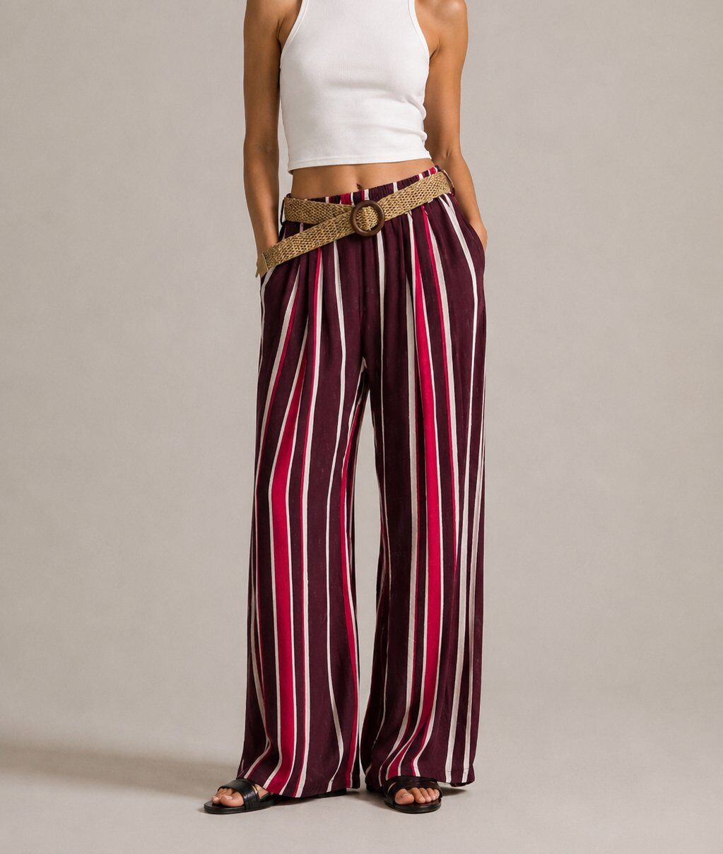 Großhändler Yitaly Style - Gestreifte Palazzo-Hose mit Strohgürtel