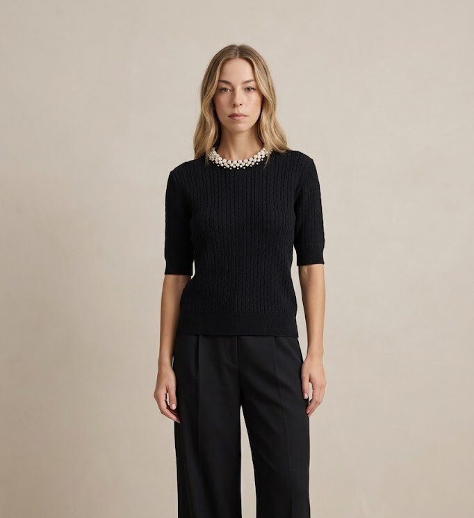 Wholesaler Yitaly Style - Cable knit sweater with pearl-embellished crew neck