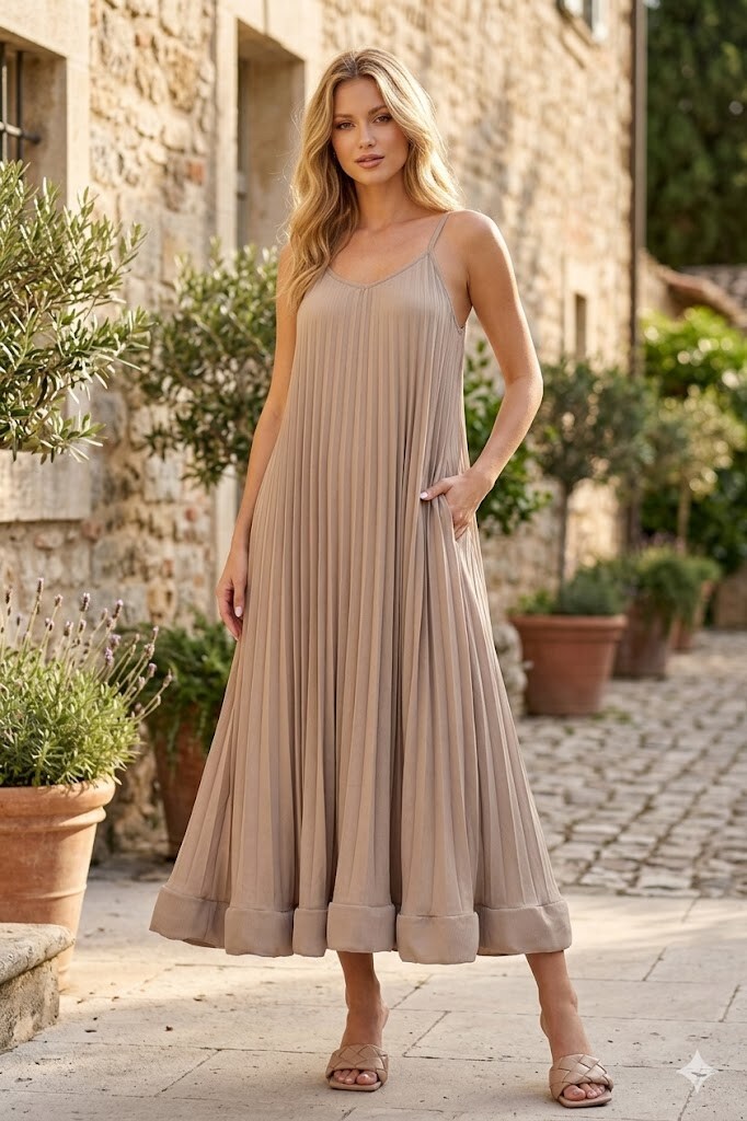 Mayorista Yitaly Style - VESTIDO LARGO PLISADO EN LÍNEA A